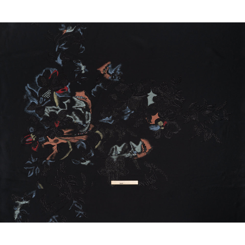 Metallic Rayon and Polyester Brocade Panel - Black, Orange and Blue Flower Bunches Full Metallic Rayon and Polyester Brocade Panel - Black, Orange and Blue Flower Bunches Full