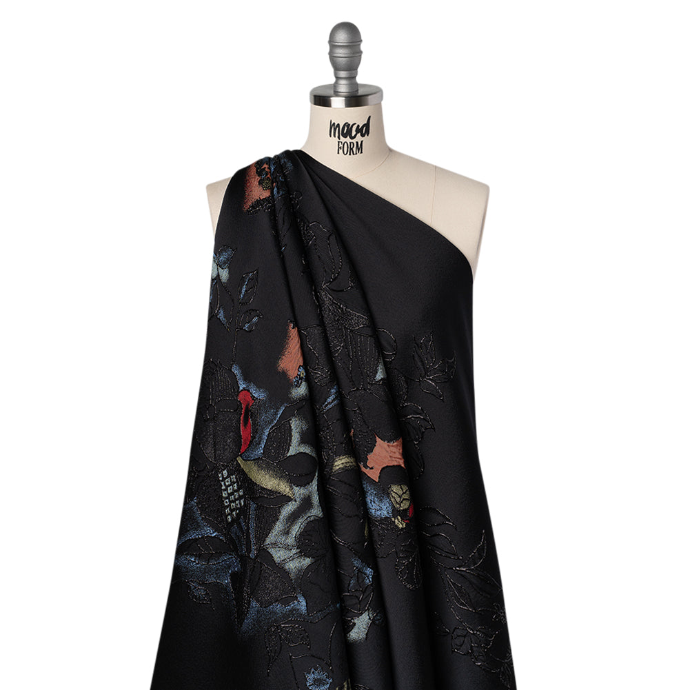 Metallic Rayon and Polyester Brocade Panel - Black, Orange and Blue Flower Bunches Drape Metallic Rayon and Polyester Brocade Panel - Black, Orange and Blue Flower Bunches Drape