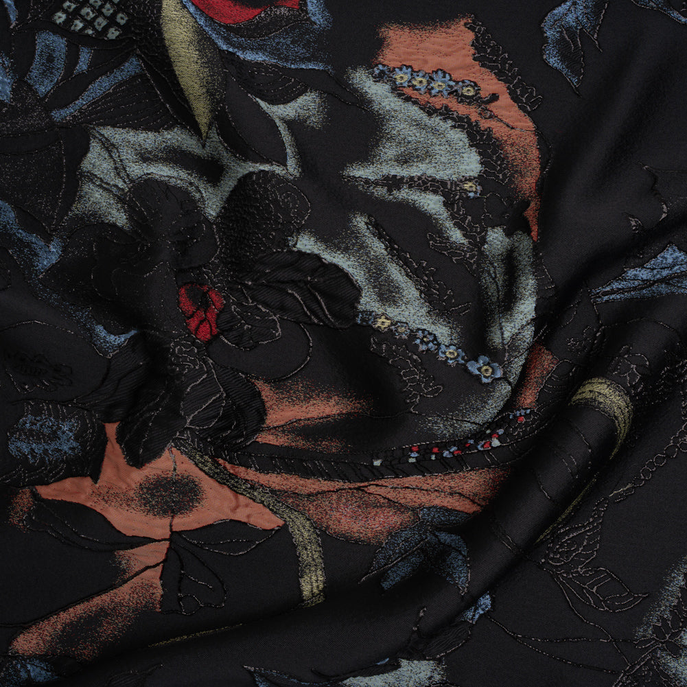 Metallic Rayon and Polyester Brocade Panel - Black, Orange and Blue Flower Bunches Metallic Rayon and Polyester Brocade Panel - Black, Orange and Blue Flower Bunches