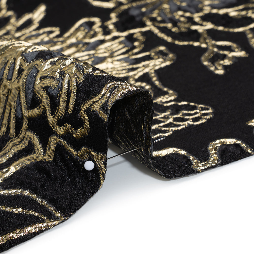 Metallic Polyester Blend Brocade - Black, Charcoal and Gold Fancy Flowers - Detail Metallic Polyester Blend Brocade - Black, Charcoal and Gold Fancy Flowers - Detail