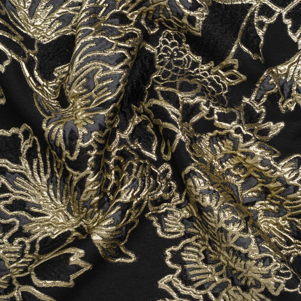 Metallic Polyester Blend Brocade - Black, Charcoal and Gold Fancy Flowers Metallic Polyester Blend Brocade - Black, Charcoal and Gold Fancy Flowers