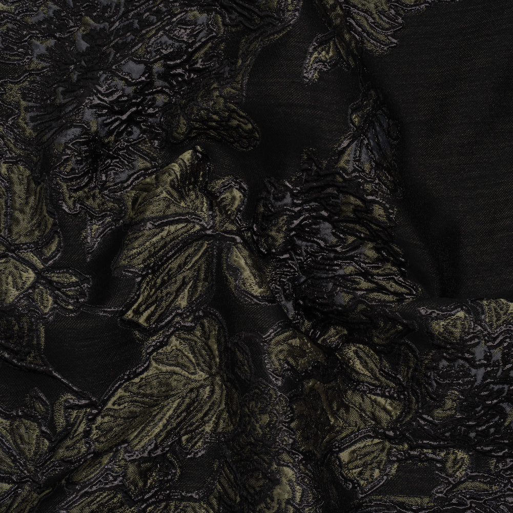 Metallic Polyester Blend Brocade - Olive Green, Black and Gray Fancy Flowers Metallic Polyester Blend Brocade - Olive Green, Black and Gray Fancy Flowers