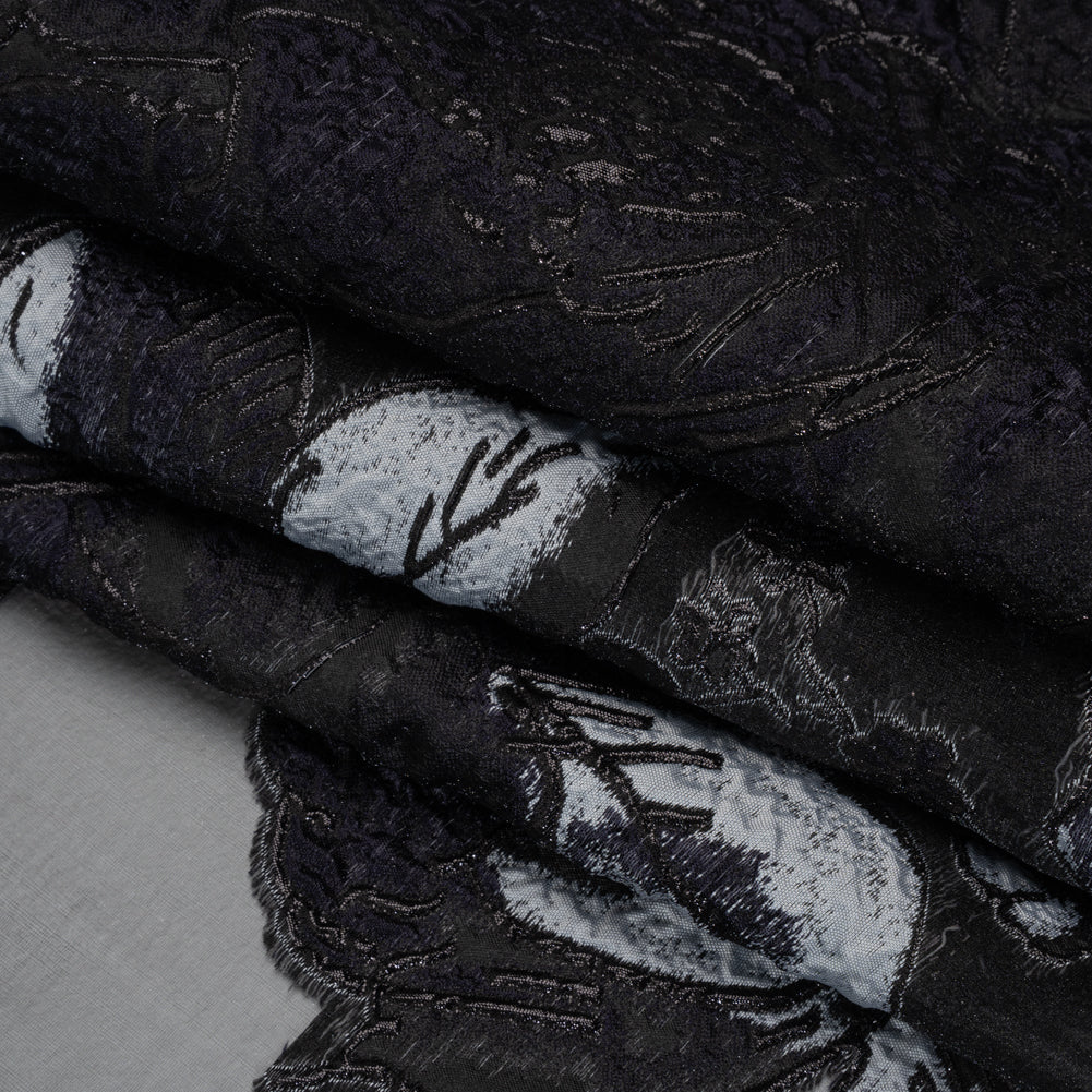 Metallic Polyester and Acetate Burnout Brocade - Light Gray, Midnight Navy and Black Rose Garden Folded Metallic Polyester and Acetate Burnout Brocade - Light Gray, Midnight Navy and Black Rose Garden Folded