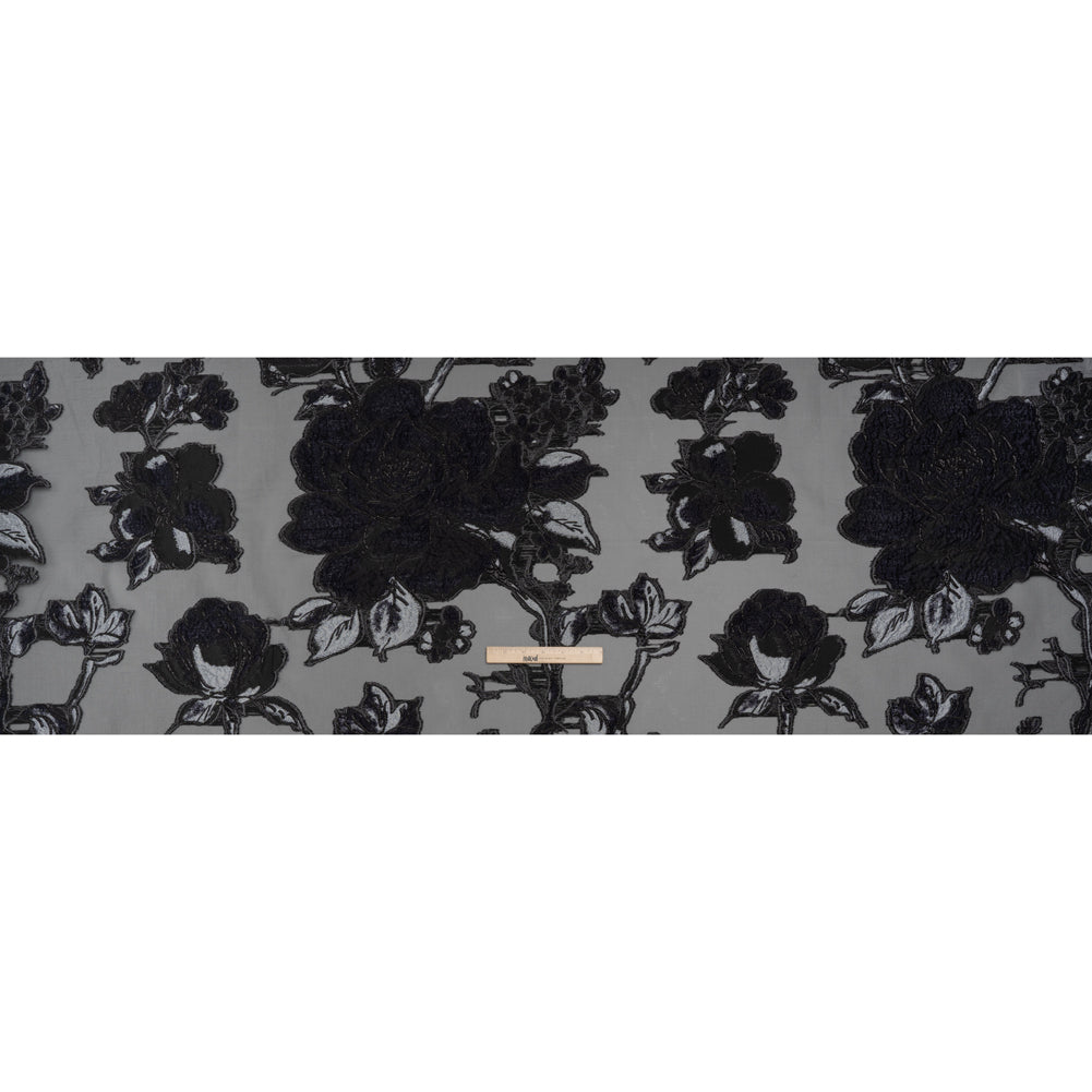 Metallic Polyester and Acetate Burnout Brocade - Light Gray, Midnight Navy and Black Rose Garden Full Metallic Polyester and Acetate Burnout Brocade - Light Gray, Midnight Navy and Black Rose Garden Full