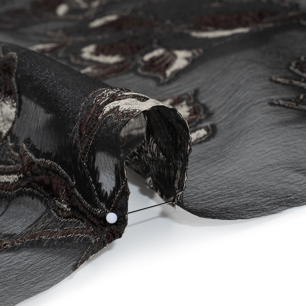 Metallic Polyester and Acetate Burnout Brocade - Beige, Dark Brown and Black Rose Garden Detail Metallic Polyester and Acetate Burnout Brocade - Beige, Dark Brown and Black Rose Garden Detail