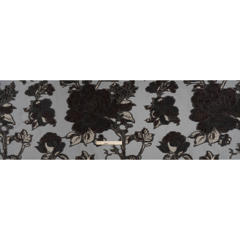 Metallic Polyester and Acetate Burnout Brocade - Beige, Dark Brown and Black Rose Garden Full Metallic Polyester and Acetate Burnout Brocade - Beige, Dark Brown and Black Rose Garden Full