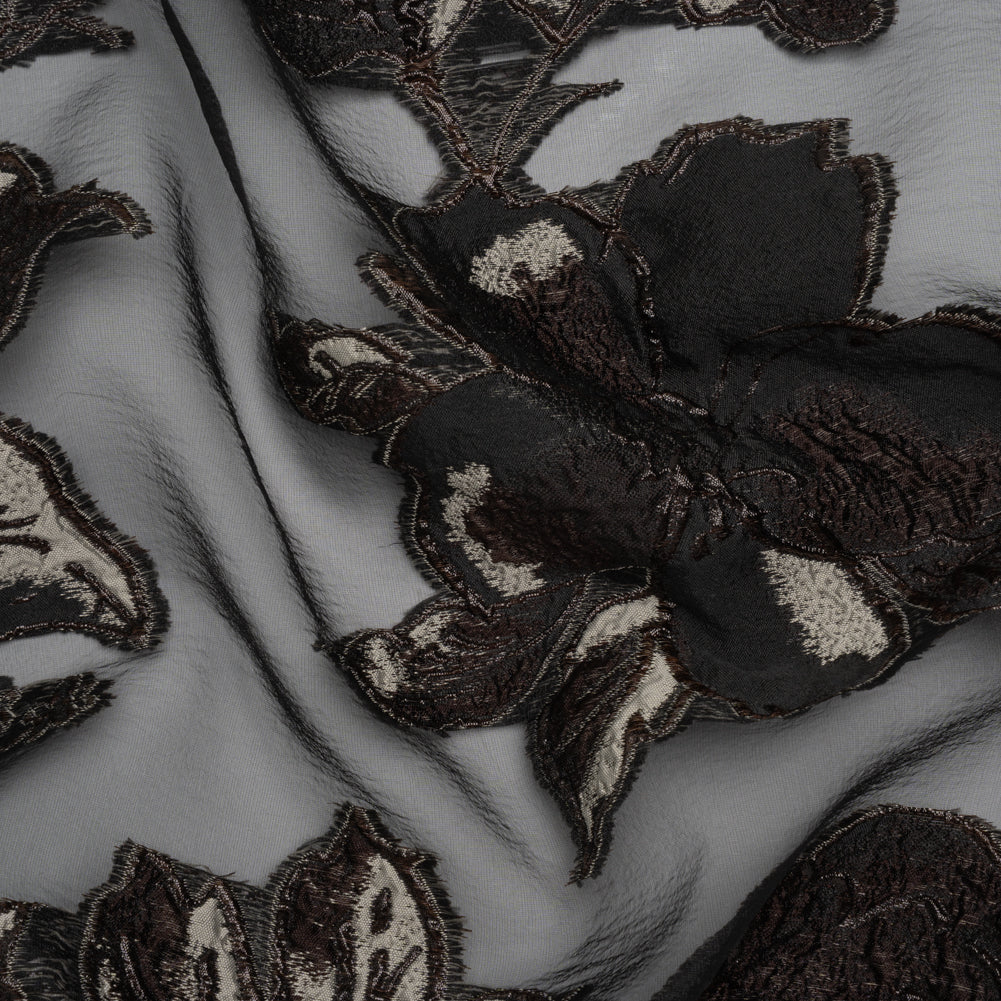 Metallic Polyester and Acetate Burnout Brocade - Beige, Dark Brown and Black Rose Garden Metallic Polyester and Acetate Burnout Brocade - Beige, Dark Brown and Black Rose Garden