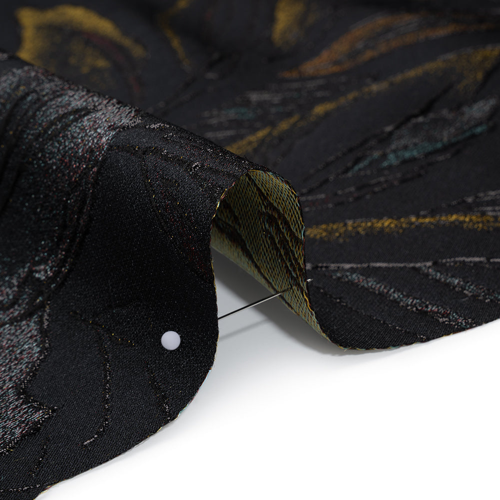 Metallic Acetate and Polyester Brocade - Black, Golden Yellow and Aqua Blue Delicate Flowers Metallic Acetate and Polyester Brocade - Black, Golden Yellow and Aqua Blue Delicate Flowers