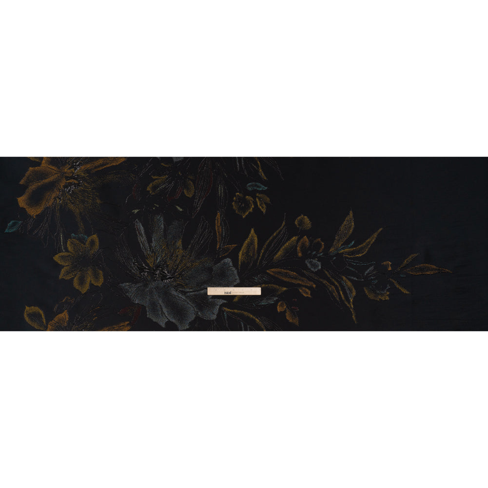 Metallic Acetate and Polyester Brocade - Black, Golden Yellow and Aqua Blue Delicate Flowers Metallic Acetate and Polyester Brocade - Black, Golden Yellow and Aqua Blue Delicate Flowers