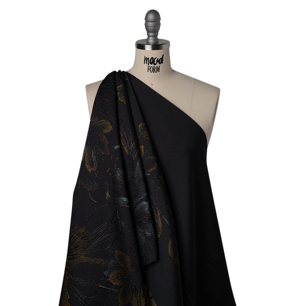 Metallic Acetate and Polyester Brocade - Black, Golden Yellow and Aqua Blue Delicate Flowers Metallic Acetate and Polyester Brocade - Black, Golden Yellow and Aqua Blue Delicate Flowers