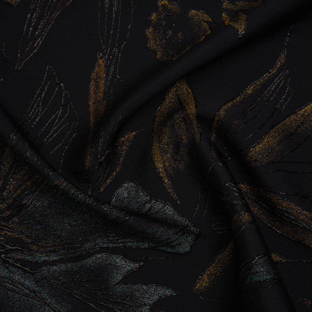 Metallic Acetate and Polyester Brocade - Black, Golden Yellow and Aqua Blue Delicate Flowers Metallic Acetate and Polyester Brocade - Black, Golden Yellow and Aqua Blue Delicate Flowers