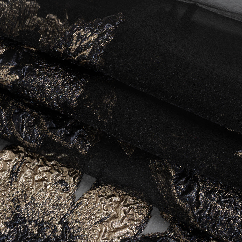 Metallic Polyester Burnout Brocade - Black and Gold Rose Border Metallic Polyester Burnout Brocade - Black and Gold Rose Border