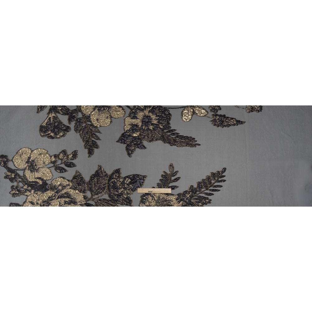 Metallic Polyester Burnout Brocade - Black and Gold Rose Border Metallic Polyester Burnout Brocade - Black and Gold Rose Border