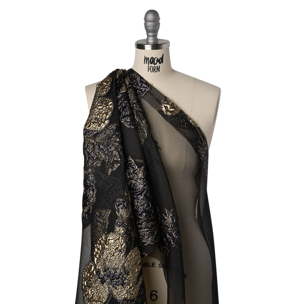 Metallic Polyester Burnout Brocade - Black and Gold Rose Border Metallic Polyester Burnout Brocade - Black and Gold Rose Border