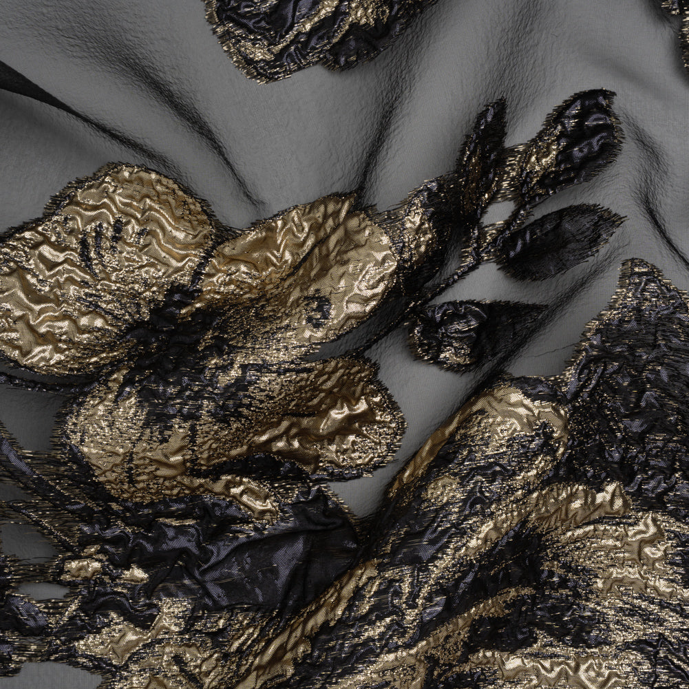 Metallic Polyester Burnout Brocade - Black and Gold Rose Border Metallic Polyester Burnout Brocade - Black and Gold Rose Border