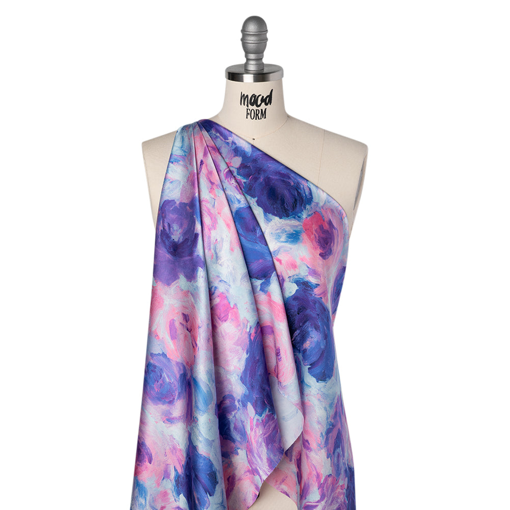Silk Charmeuse Print 16MM, Made in Italy - Baby Pink, Light Blue and Periwinkle Painted Roses - Folded Silk Charmeuse Print 16MM, Made in Italy - Baby Pink, Light Blue and Periwinkle Painted Roses - Folded
