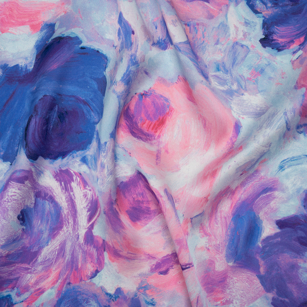 Silk Charmeuse Print 16MM, Made in Italy - Baby Pink, Light Blue and Periwinkle Painted Roses - Drape Silk Charmeuse Print 16MM, Made in Italy - Baby Pink, Light Blue and Periwinkle Painted Roses - Drape