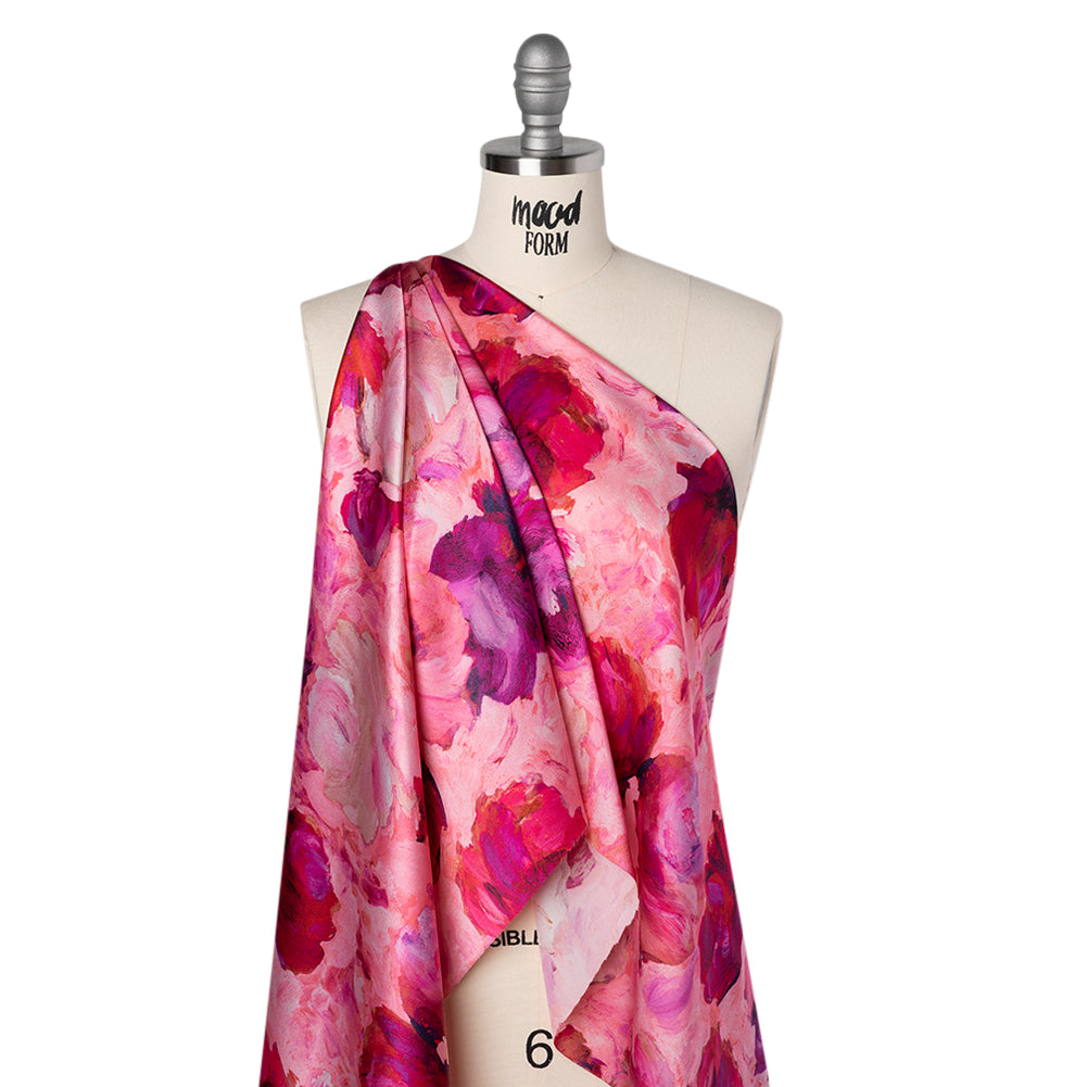 Silk Charmeuse Print 16MM, Made in Italy - Pink, Red and Fuchsia Painted Roses Silk Charmeuse Print 16MM, Made in Italy - Pink, Red and Fuchsia Painted Roses