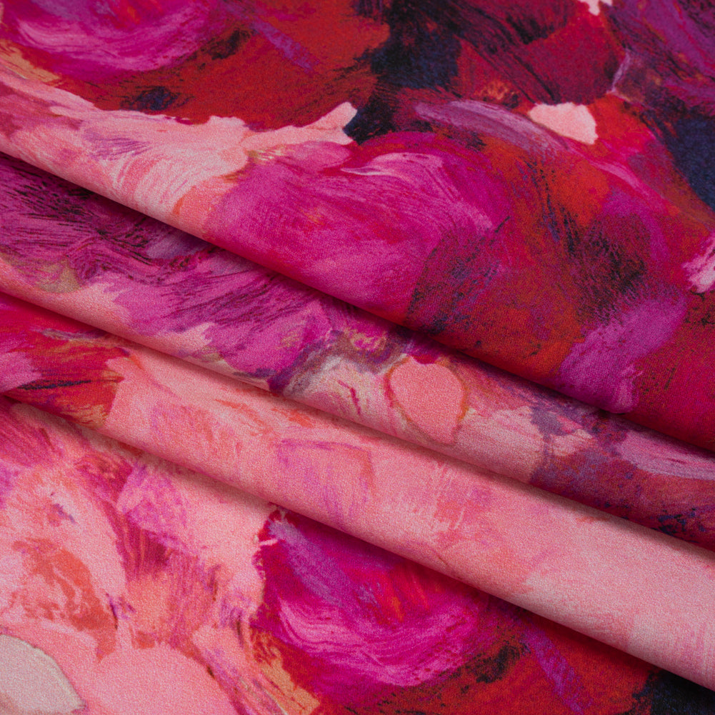 Silk Charmeuse Print 16MM, Made in Italy - Pink, Red and Fuchsia Painted Roses Silk Charmeuse Print 16MM, Made in Italy - Pink, Red and Fuchsia Painted Roses