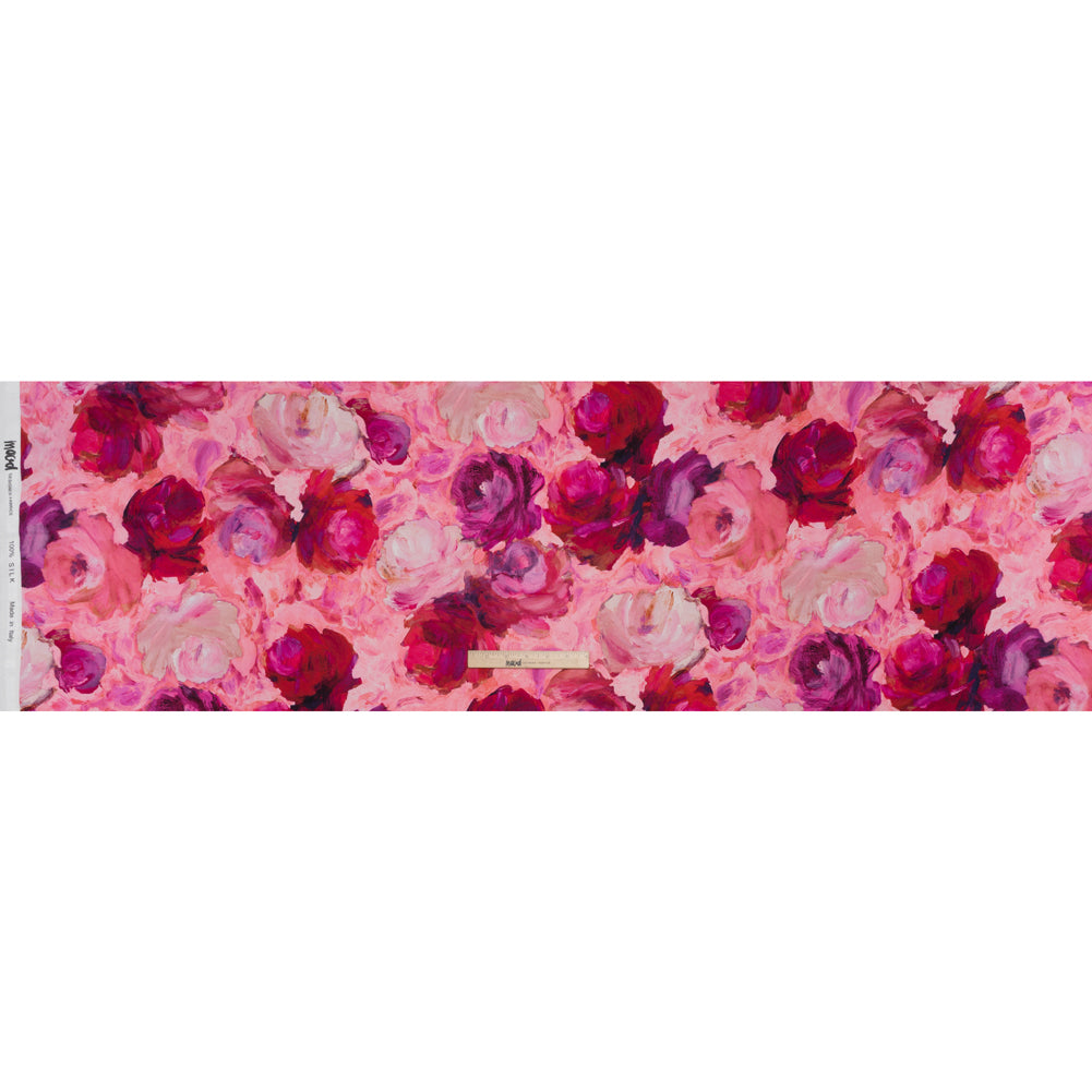 Silk Charmeuse Print 16MM, Made in Italy - Pink, Red and Fuchsia Painted Roses Silk Charmeuse Print 16MM, Made in Italy - Pink, Red and Fuchsia Painted Roses