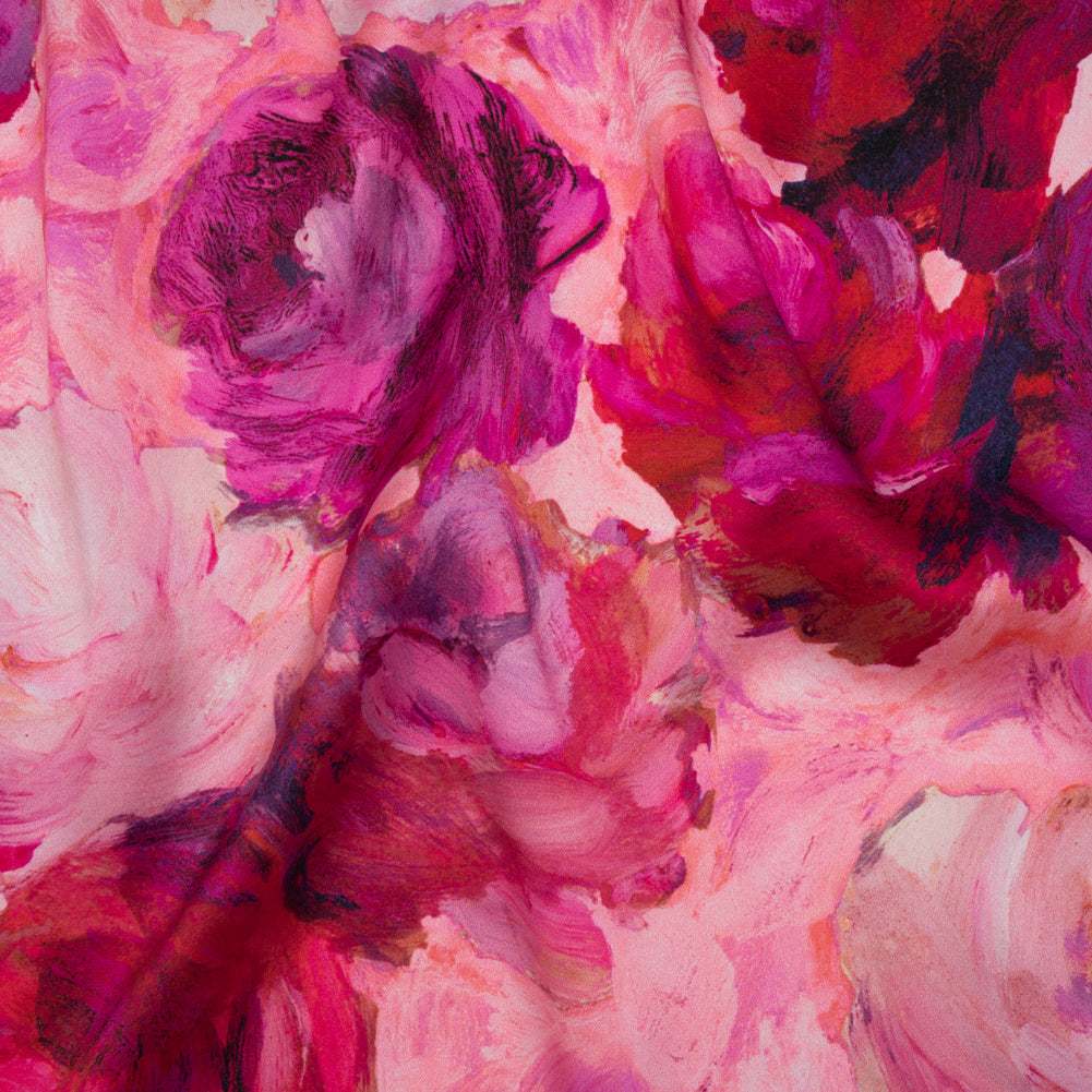 Silk Charmeuse Print 16MM, Made in Italy - Pink, Red and Fuchsia Painted Roses Silk Charmeuse Print 16MM, Made in Italy - Pink, Red and Fuchsia Painted Roses