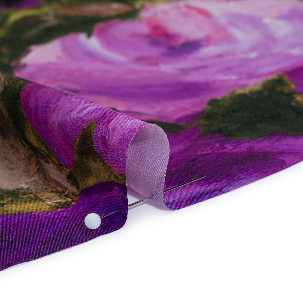 Silk Charmeuse Print 16MM, Made in Italy - Forest Green and Royal Purple Painted Roses Full Silk Charmeuse Print 16MM, Made in Italy - Forest Green and Royal Purple Painted Roses Full