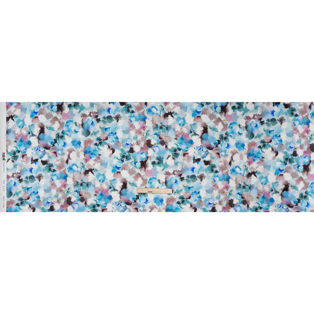 Silk Charmeuse Print 16MM, Made in Italy - Blue, Teal and Brown Abstracted Watercolor Flowers - Full Silk Charmeuse Print 16MM, Made in Italy - Blue, Teal and Brown Abstracted Watercolor Flowers - Full