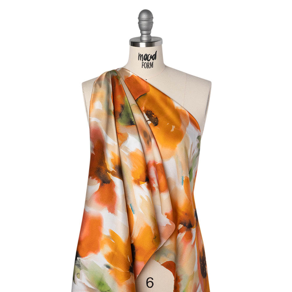 Silk Charmeuse Print 16MM, Made in Italy - Orange and Golden Yellow Soft Watercolor Florals Silk Charmeuse Print 16MM, Made in Italy - Orange and Golden Yellow Soft Watercolor Florals
