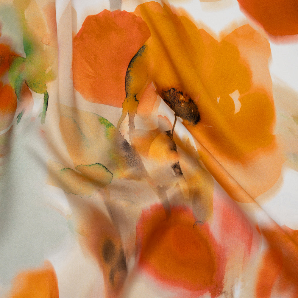 Silk Charmeuse Print 16MM, Made in Italy - Orange and Golden Yellow Soft Watercolor Florals Silk Charmeuse Print 16MM, Made in Italy - Orange and Golden Yellow Soft Watercolor Florals