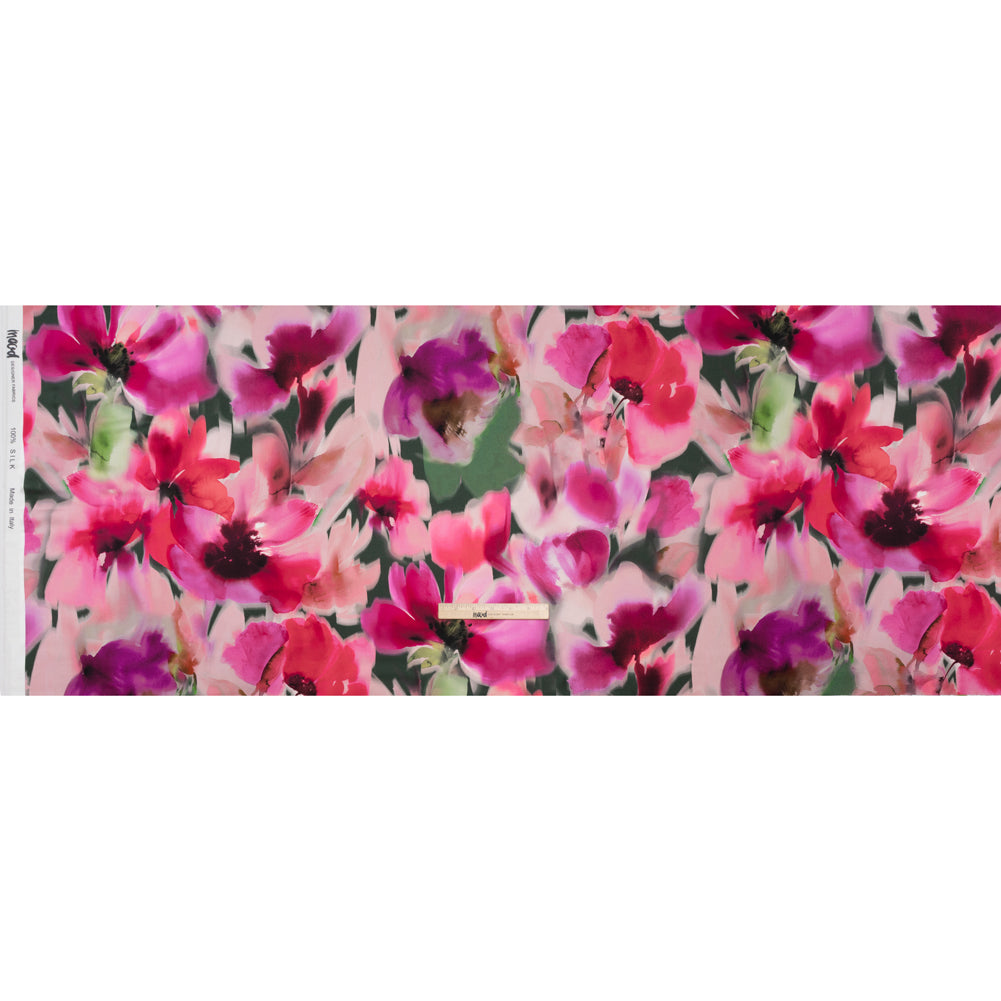 Silk Charmeuse Print 16MM, Made in Italy - Hot Pink and Forest Green Soft Watercolor Florals Full Silk Charmeuse Print 16MM, Made in Italy - Hot Pink and Forest Green Soft Watercolor Florals Full