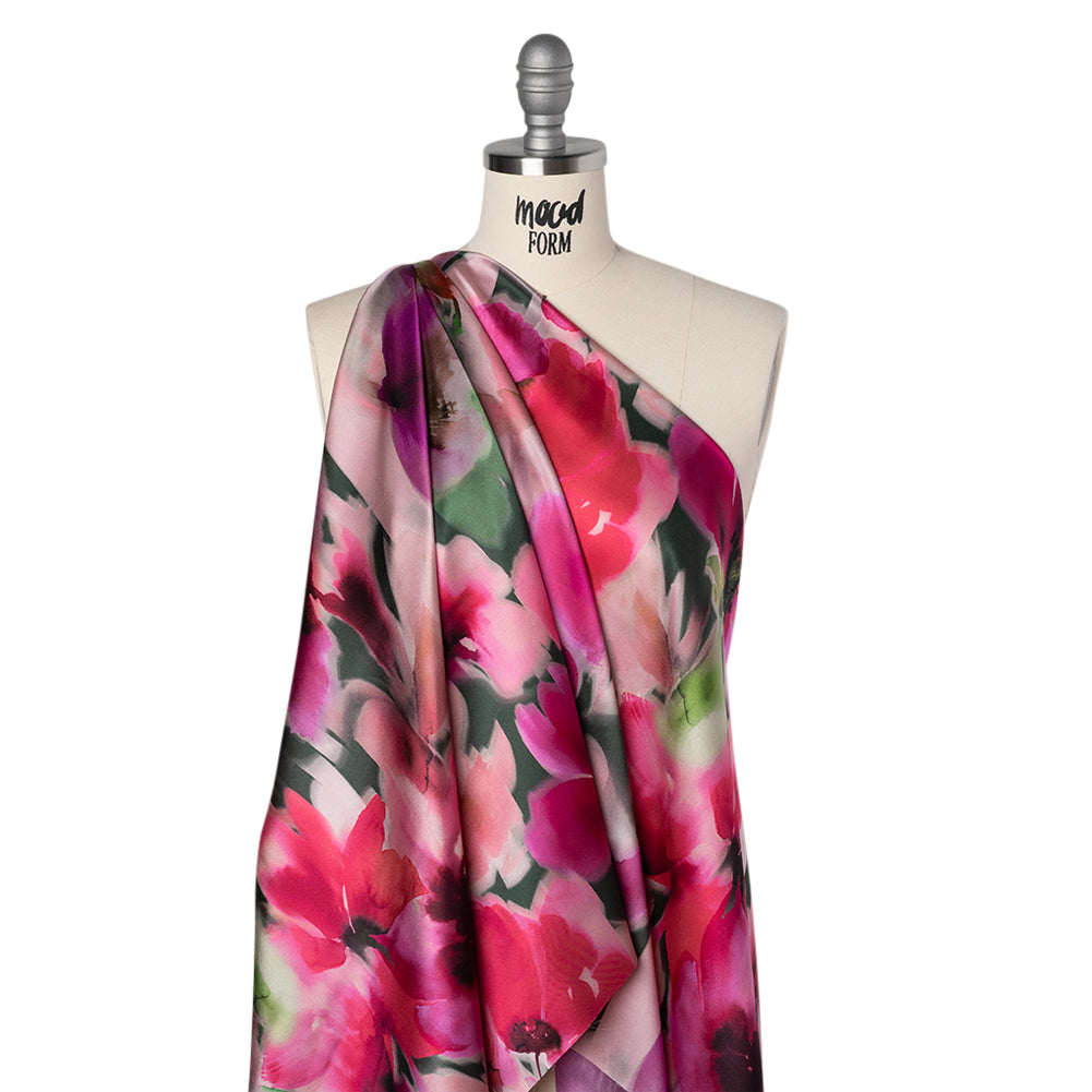 Silk Charmeuse Print 16MM, Made in Italy - Hot Pink and Forest Green Soft Watercolor Florals Drape Silk Charmeuse Print 16MM, Made in Italy - Hot Pink and Forest Green Soft Watercolor Florals Drape