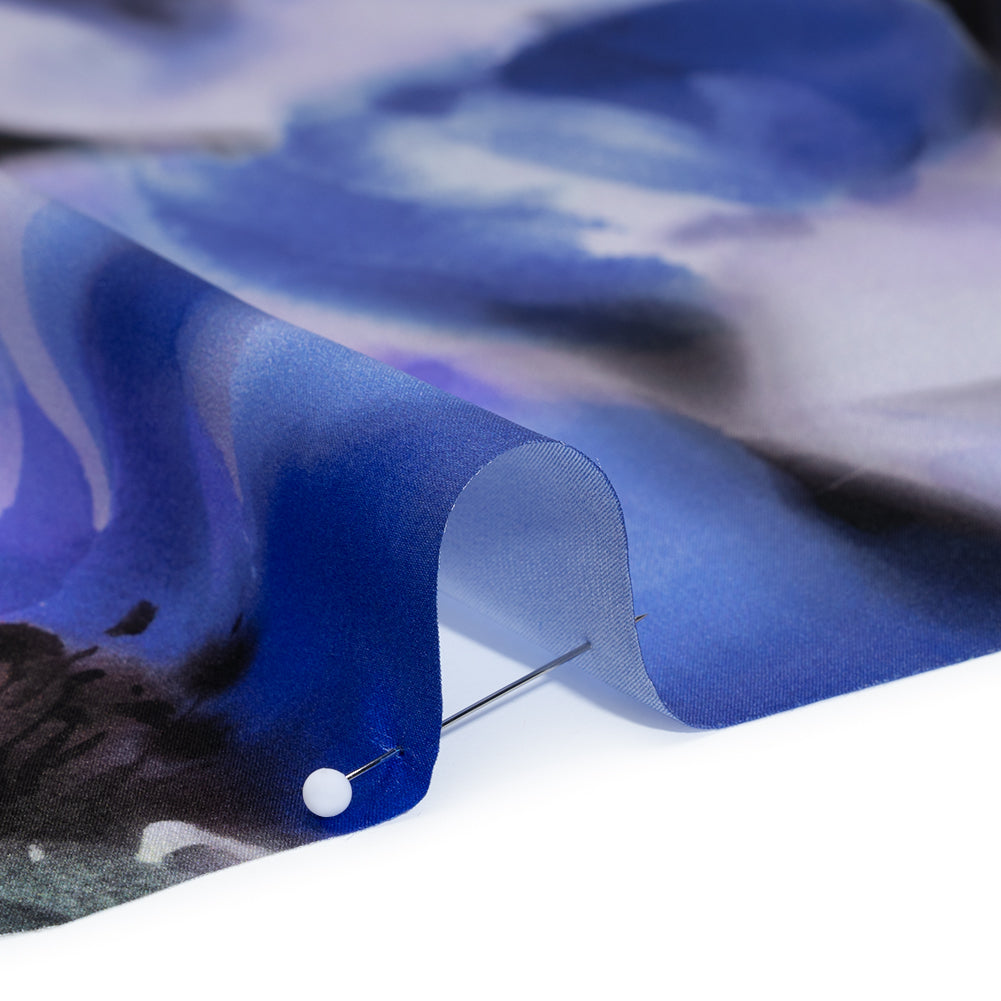 Silk Charmeuse Print 16MM, Made in Italy - Ultramarine Blue and Lilac Soft Watercolor Florals Detail Silk Charmeuse Print 16MM, Made in Italy - Ultramarine Blue and Lilac Soft Watercolor Florals Detail