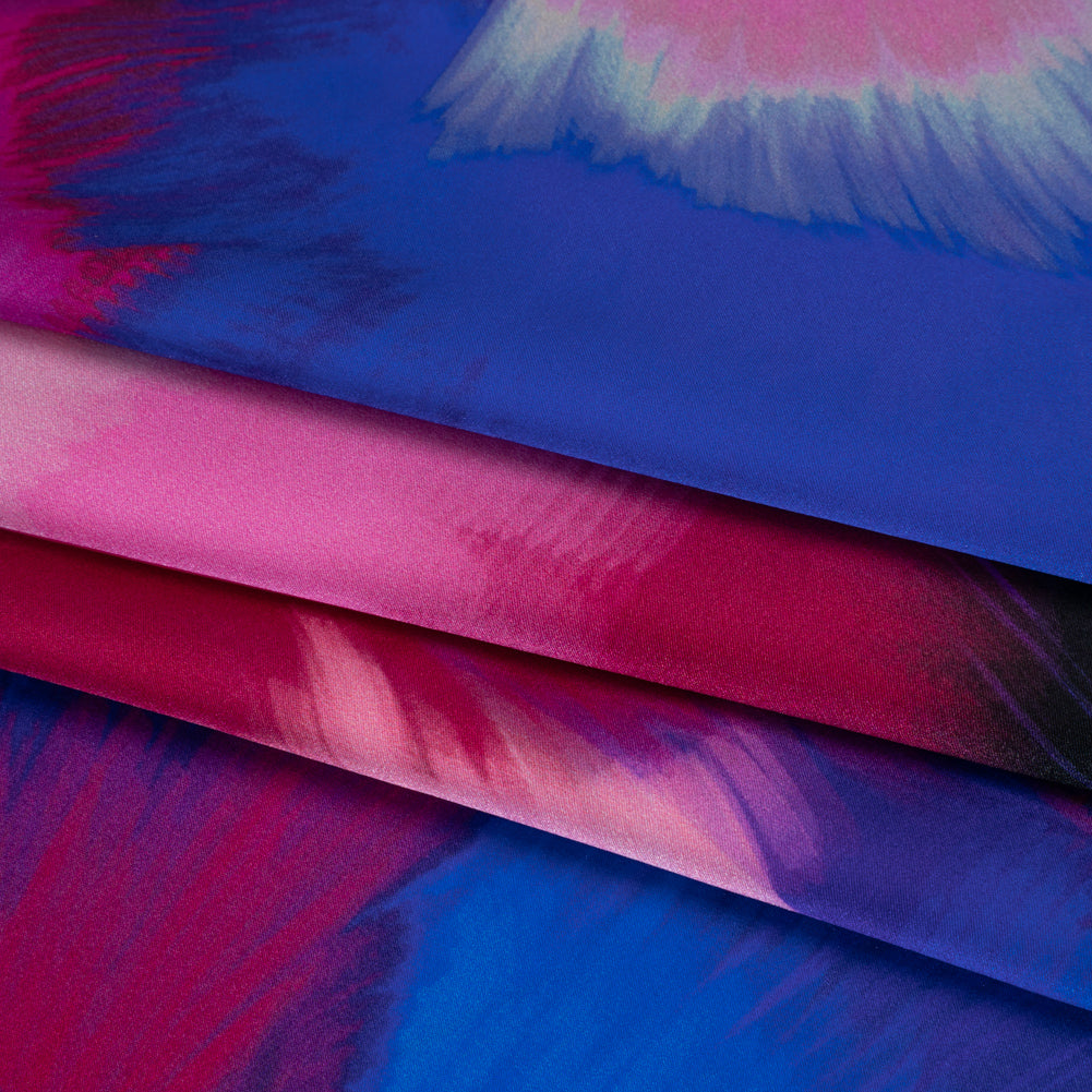 Silk Charmeuse Print 16MM, Made in Italy - Blue, Hot Pink and Red Painted Bursts Detail Silk Charmeuse Print 16MM, Made in Italy - Blue, Hot Pink and Red Painted Bursts Detail