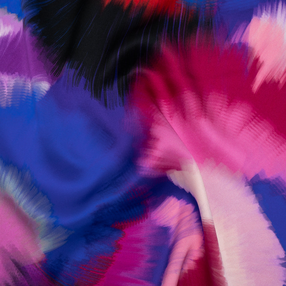 Silk Charmeuse Print 16MM, Made in Italy - Blue, Hot Pink and Red Painted Bursts Drape Silk Charmeuse Print 16MM, Made in Italy - Blue, Hot Pink and Red Painted Bursts Drape