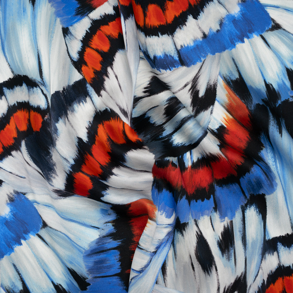 Silk Charmeuse Print 16MM, Made in Italy - Red, Blue and White Butterfly Wings Drape Silk Charmeuse Print 16MM, Made in Italy - Red, Blue and White Butterfly Wings Drape