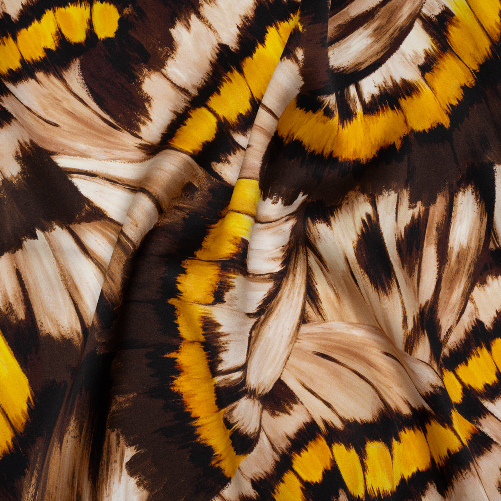 Silk Charmeuse Print 16MM, Made in Italy - Brown, Beige and Golden Yellow Butterfly Wings Silk Charmeuse Print 16MM, Made in Italy - Brown, Beige and Golden Yellow Butterfly Wings