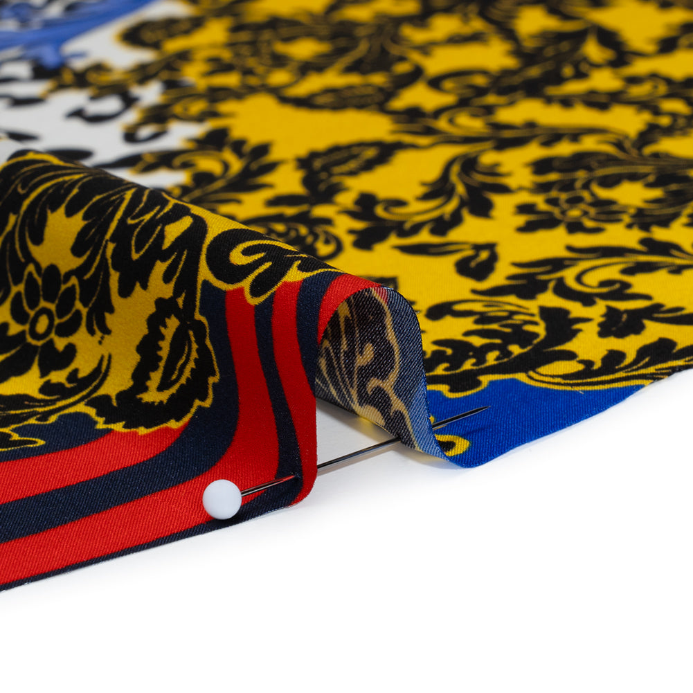Silk Charmeuse Print 16MM, Made in Italy - Red, Yellow and Blue Floral Scrolls and Patterned Patchwork with Greek Key Border Full Silk Charmeuse Print 16MM, Made in Italy - Red, Yellow and Blue Floral Scrolls and Patterned Patchwork with Greek Key Border Full