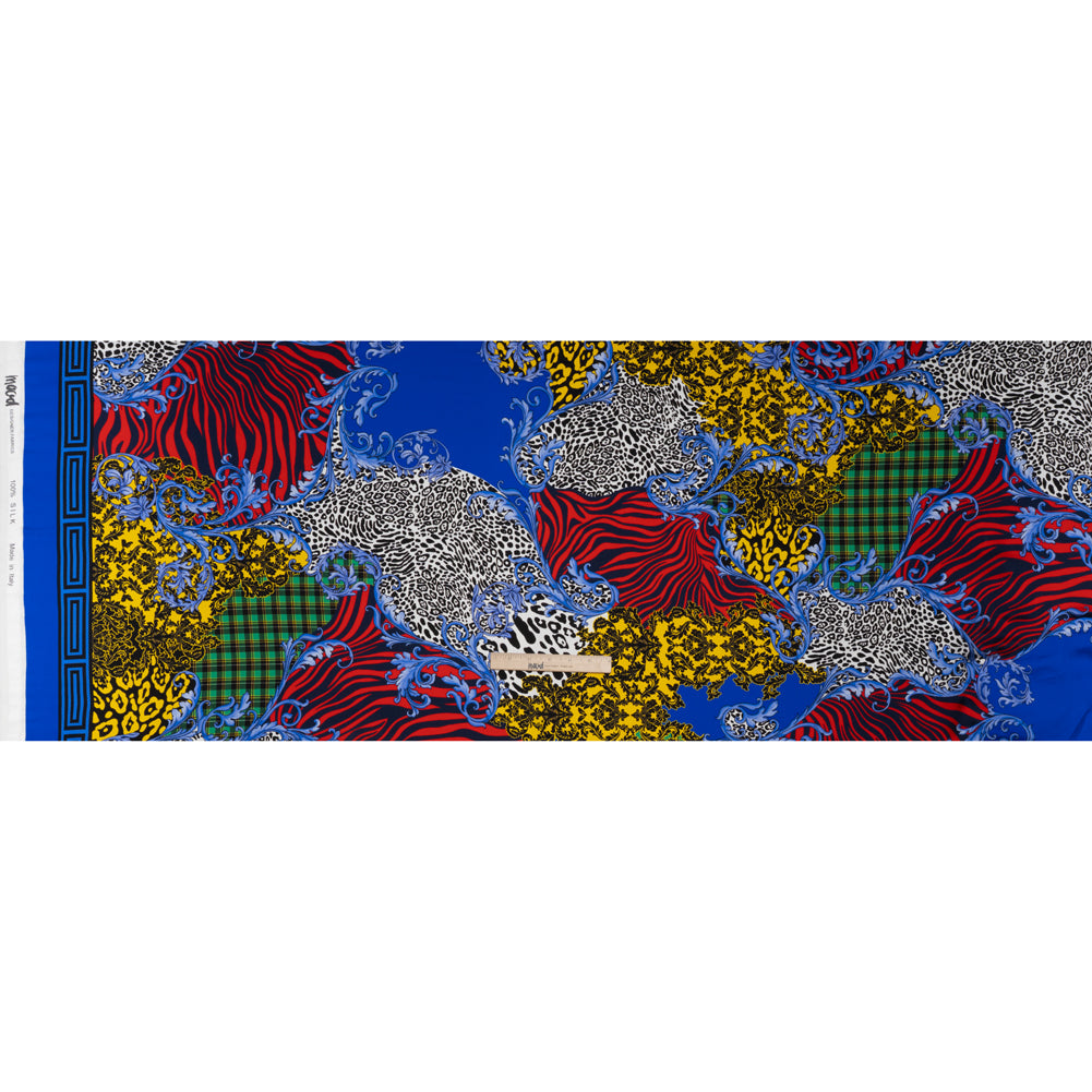 Silk Charmeuse Print 16MM, Made in Italy - Red, Yellow and Blue Floral Scrolls and Patterned Patchwork with Greek Key Border Silk Charmeuse Print 16MM, Made in Italy - Red, Yellow and Blue Floral Scrolls and Patterned Patchwork with Greek Key Border