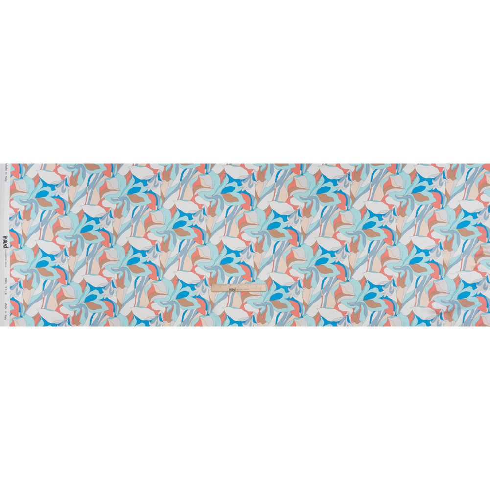 Silk Charmeuse Print 16MM, Made in Italy - Aqua Blue, Tan and Coral Pink Retro Lily Florals - Full Silk Charmeuse Print 16MM, Made in Italy - Aqua Blue, Tan and Coral Pink Retro Lily Florals - Full