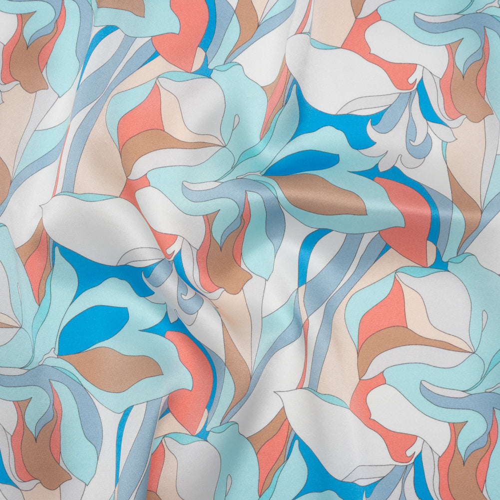 Silk Charmeuse Print 16MM, Made in Italy - Aqua Blue, Tan and Coral Pink Retro Lily Florals Silk Charmeuse Print 16MM, Made in Italy - Aqua Blue, Tan and Coral Pink Retro Lily Florals