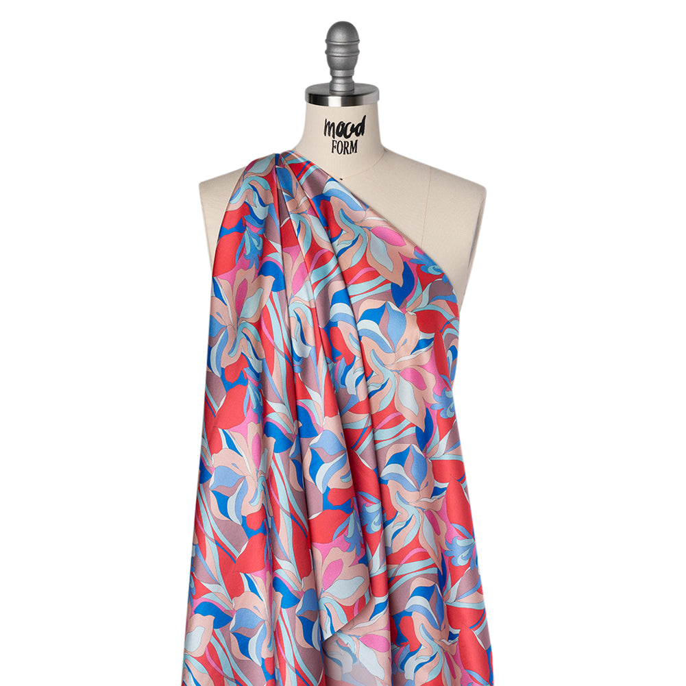 Silk Charmeuse Print 16MM, Made in Italy - Peach, Cobalt Blue and Red Retro Lily Florals Folded Silk Charmeuse Print 16MM, Made in Italy - Peach, Cobalt Blue and Red Retro Lily Florals Folded
