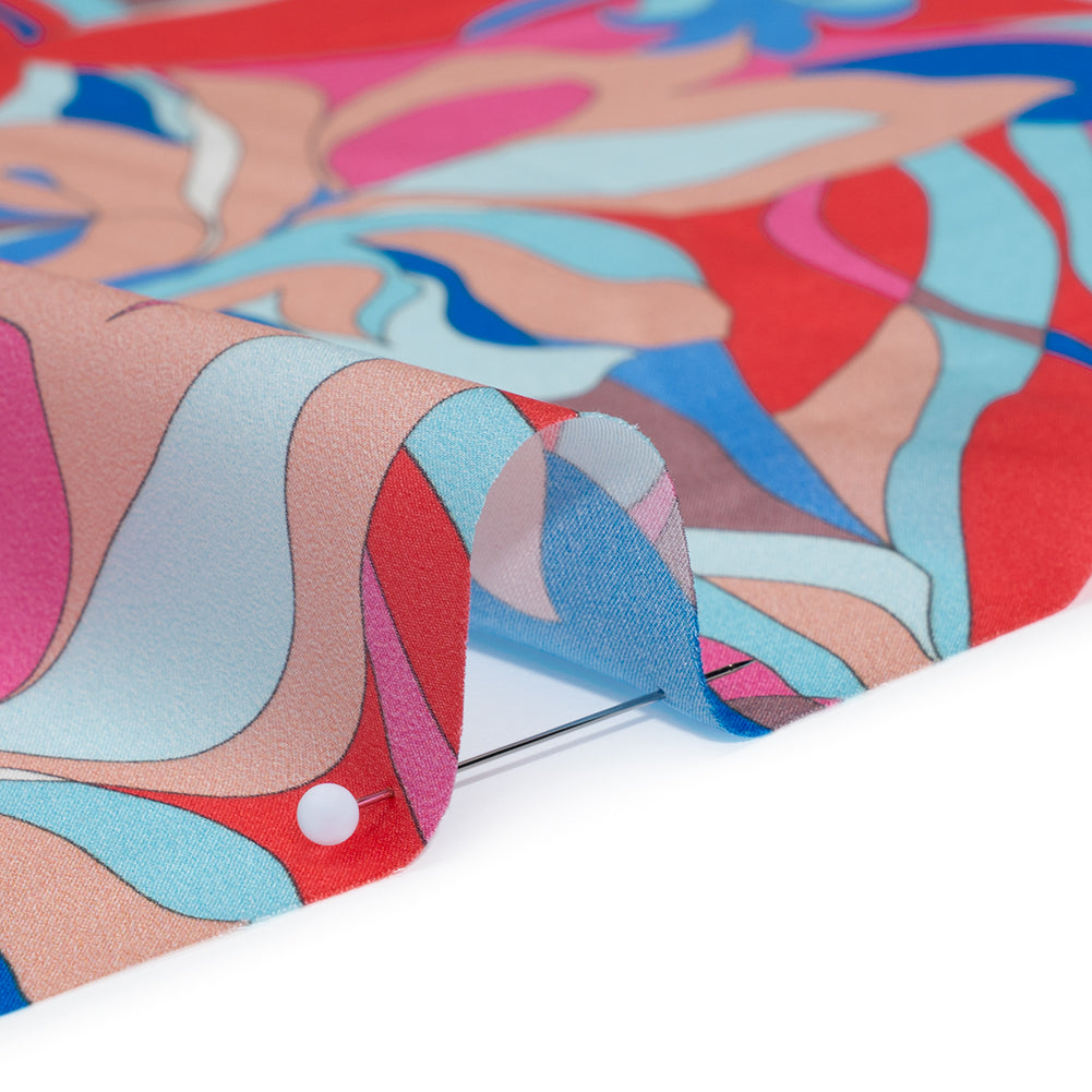 Silk Charmeuse Print 16MM, Made in Italy - Peach, Cobalt Blue and Red Retro Lily Florals Full Silk Charmeuse Print 16MM, Made in Italy - Peach, Cobalt Blue and Red Retro Lily Florals Full
