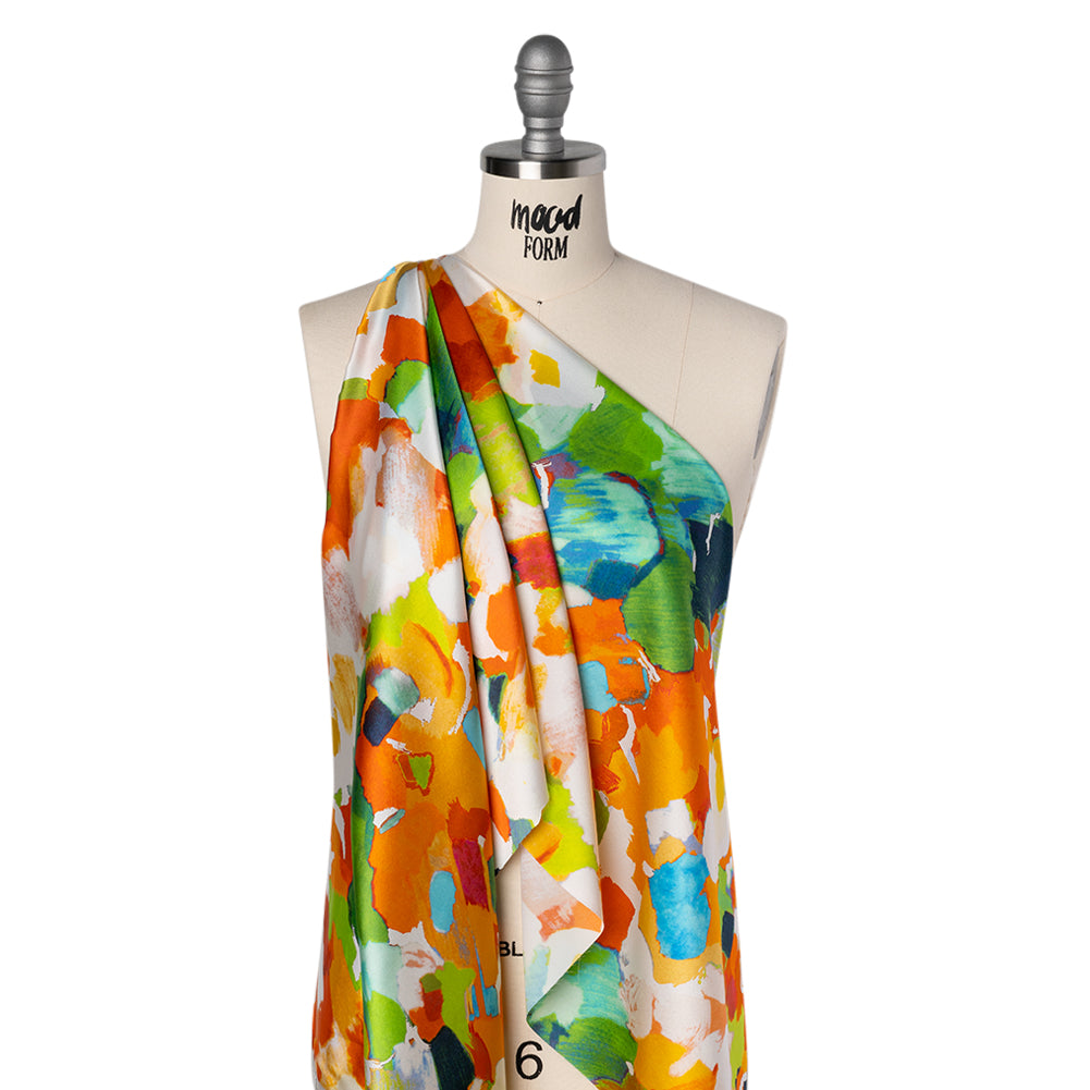 Silk Charmeuse Print 16MM, Made in Italy - Orange, Lime Green and Blue Painterly Abstract - Folded Silk Charmeuse Print 16MM, Made in Italy - Orange, Lime Green and Blue Painterly Abstract - Folded
