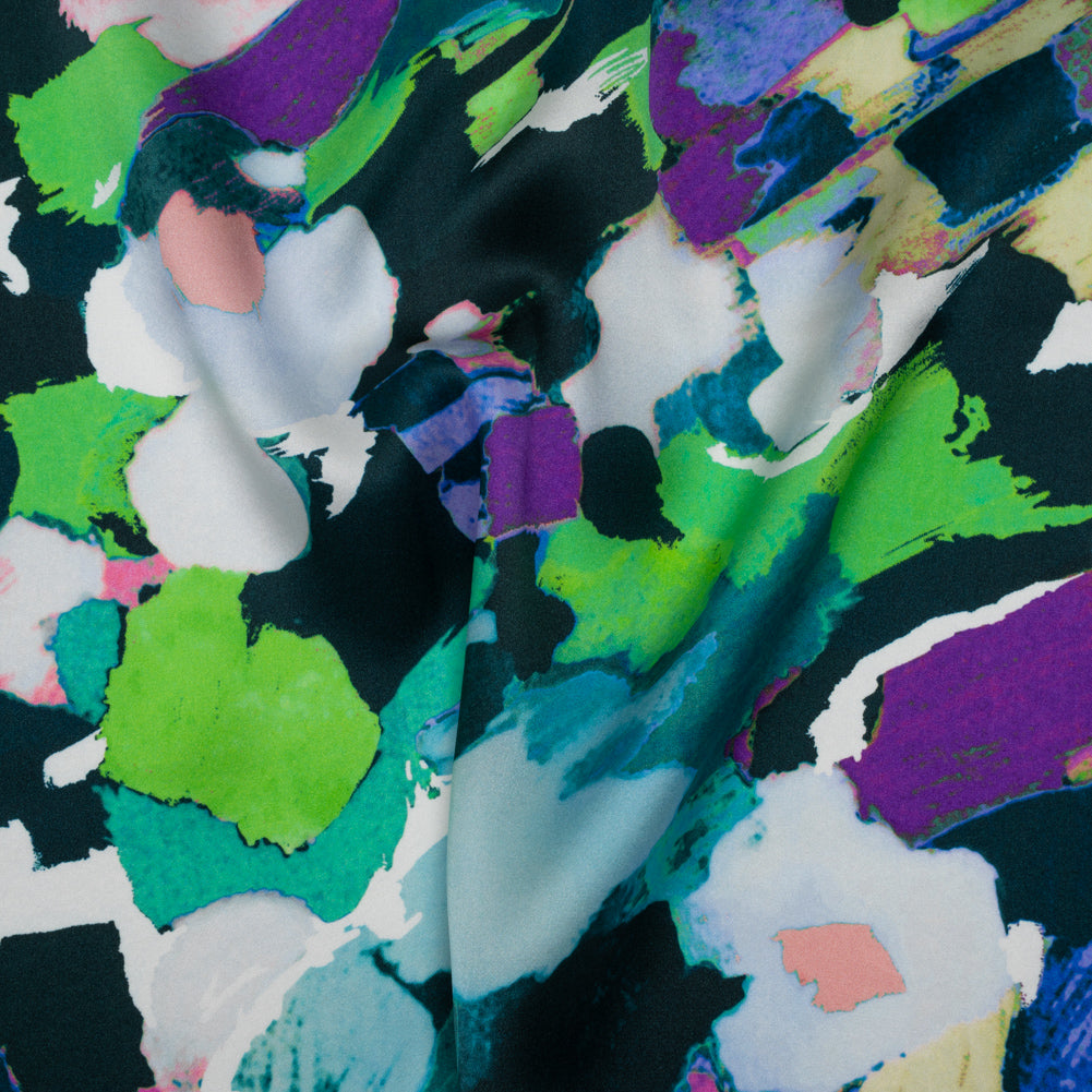 Silk Charmeuse Print 16MM, Made in Italy - Dark Teal, Lime Green and Purple Painterly Abstract Drape Silk Charmeuse Print 16MM, Made in Italy - Dark Teal, Lime Green and Purple Painterly Abstract Drape
