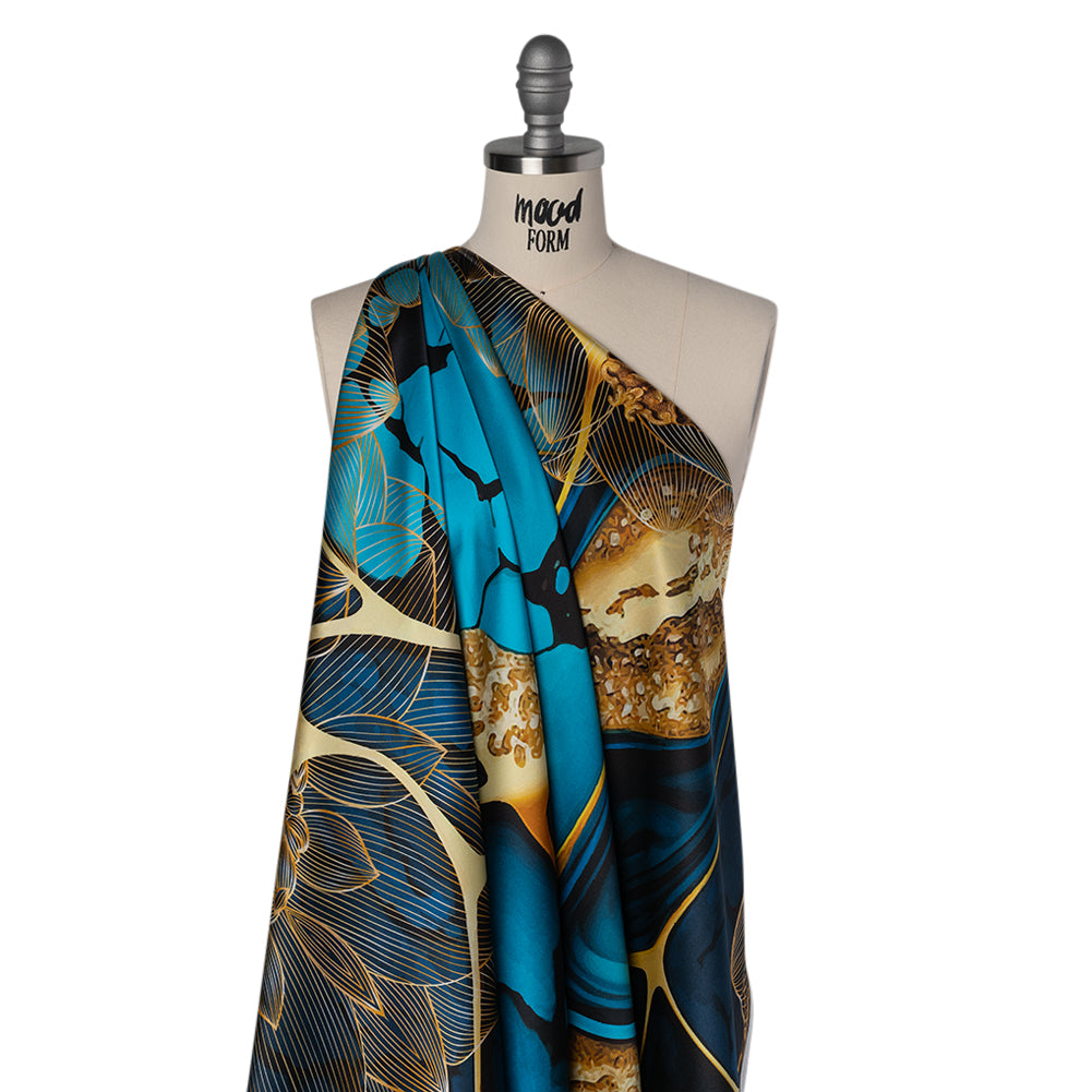 Silk Charmeuse Panel 16MM, Made in Italy - Turquoise, Teal and Gold Linework Flowers and Gemstones Folded Silk Charmeuse Panel 16MM, Made in Italy - Turquoise, Teal and Gold Linework Flowers and Gemstones Folded