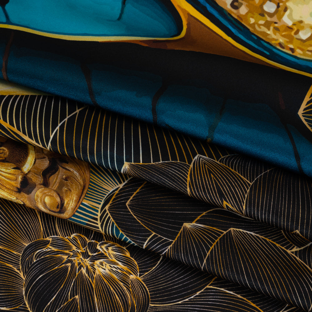 Silk Charmeuse Panel 16MM, Made in Italy - Turquoise, Teal and Gold Linework Flowers and Gemstones Detail Silk Charmeuse Panel 16MM, Made in Italy - Turquoise, Teal and Gold Linework Flowers and Gemstones Detail
