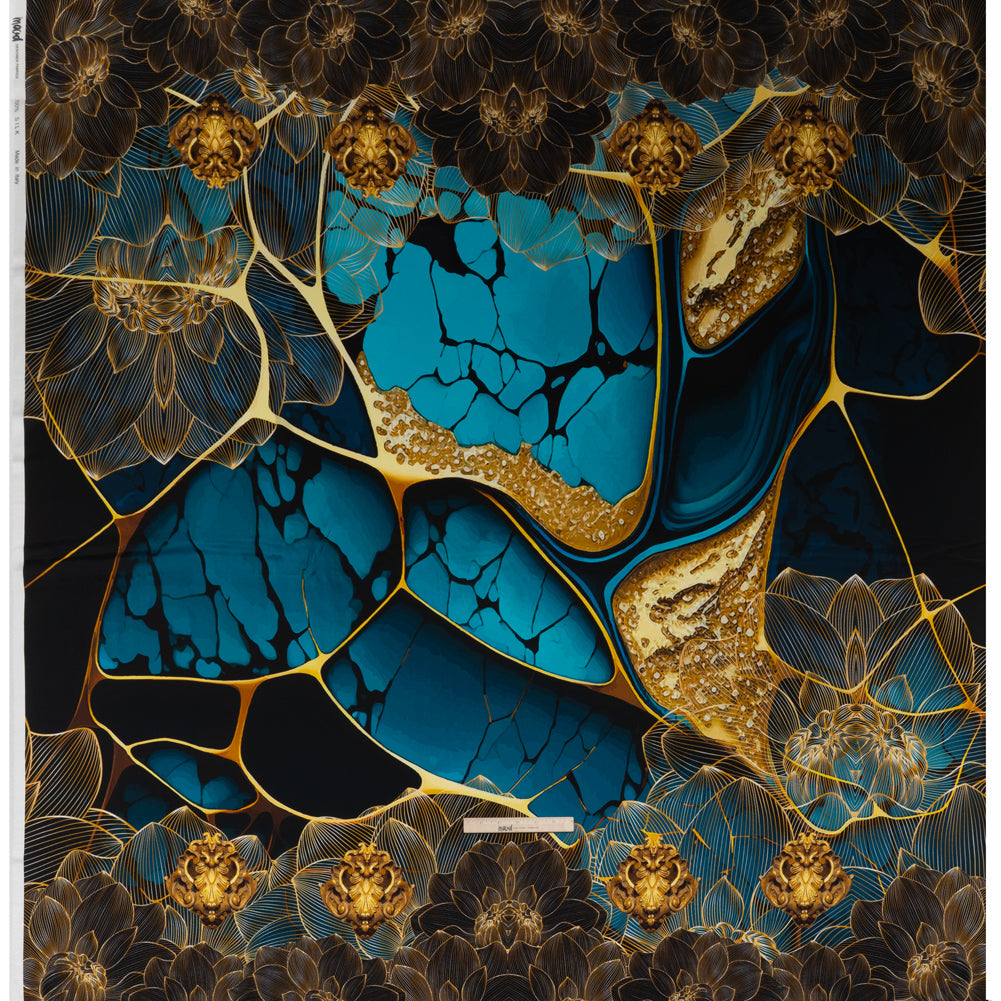 Silk Charmeuse Panel 16MM, Made in Italy - Turquoise, Teal and Gold Linework Flowers and Gemstones Silk Charmeuse Panel 16MM, Made in Italy - Turquoise, Teal and Gold Linework Flowers and Gemstones