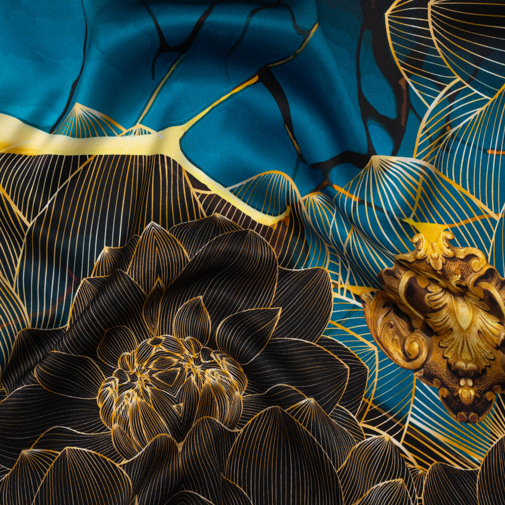 Silk Charmeuse Panel 16MM, Made in Italy - Turquoise, Teal and Gold Linework Flowers and Gemstones Drape Silk Charmeuse Panel 16MM, Made in Italy - Turquoise, Teal and Gold Linework Flowers and Gemstones Drape