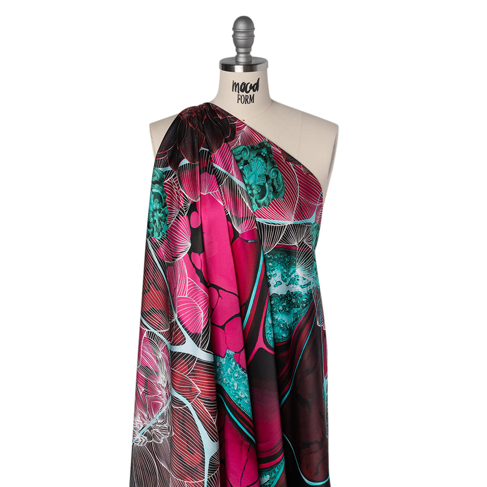 Silk Charmeuse Panel 16MM, Made in Italy - Dark Berry Pink, Coppy Oxide Green and Black Linework Flowers and Gemstones Folded Silk Charmeuse Panel 16MM, Made in Italy - Dark Berry Pink, Coppy Oxide Green and Black Linework Flowers and Gemstones Folded