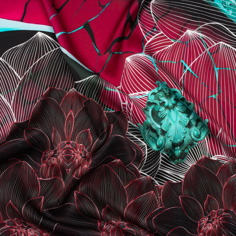 Silk Charmeuse Panel 16MM, Made in Italy - Dark Berry Pink, Coppy Oxide Green and Black Linework Flowers and Gemstones Drape Silk Charmeuse Panel 16MM, Made in Italy - Dark Berry Pink, Coppy Oxide Green and Black Linework Flowers and Gemstones Drape